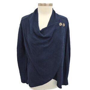 Maurices Womens M Navy Blue Waffle Knit Draped Cardigan Sweater Button Accents